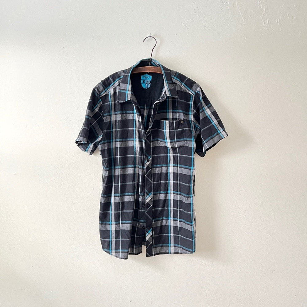 Empyre Aqua & Gray Plaid Vintage Skater Button Down Short Sleeve Tee Pocket L